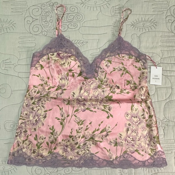 NEW Gold Hawk Floral Print Lace Silk Cami Sz L Pink Blossom Purple Lace - Picture 2 of 7